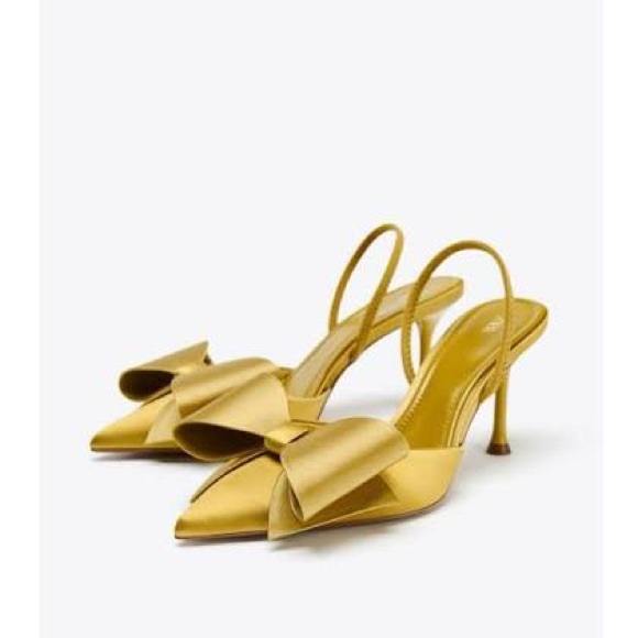 ZARA SATIN-EFFECT SLINGBACK HEELS - Mustard - Picture 2 of 5